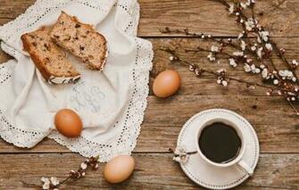 Wallpaper Flowers Branches Coffee Eggs Easter Cup Cake Wood