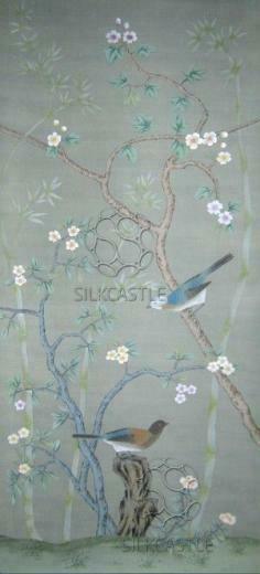 Birds Awakening Garden Handpainted Chinoiserie Wallpaper Pinte