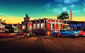 Restaurant Classic Car 50s Retro Wallpaper