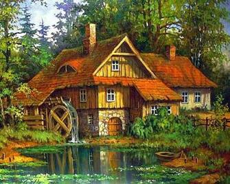 Idyllic Watermill Wallpaper Stock Photos