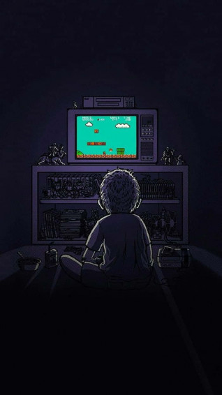 A Man Sitting In Front Of Television Playing Video