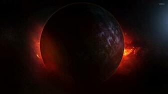 Red Nebula Hiding Behind The Dark Planet Wallpaper Space