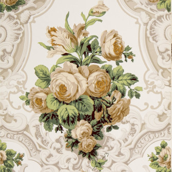 Large Rose Bouquets In Rococo Scrolls Antique Wallpaper Bolling