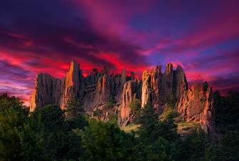 Nature Landscape Colorful Sky Red Rock Formation Sunrise Trees Wallpaper