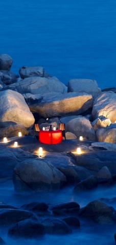 Romantic Dinner Table Dusk Rocks Coast Sea
