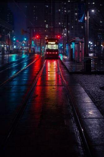 Wallpaper Trolley Stop City Evening Lighting