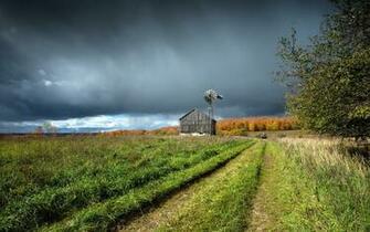 Landscape Field House Clouds Rain Wallpaper Background