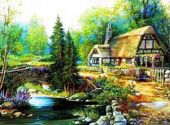 Beautiful Cottage Desktop Wallpaper Bridge Trees In