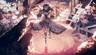 Violin Girl Anime City Flower Sakura Dress Smile Wallpaper