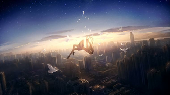 Anime Girl Falling Down Cityscape Bird