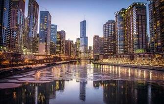Wallpaper Ice Winter The City Lights River Skyscrapers
