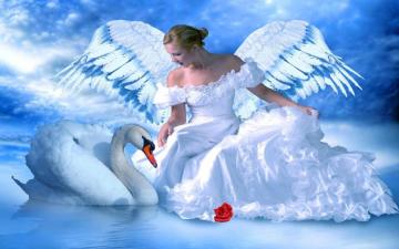 Swan Lake Blue Angel Girl Red Rose Fantasy Art Beautiful Desktop