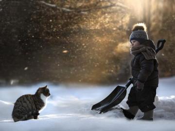 Image Cats Boys Children Winter Hat Snow Animal