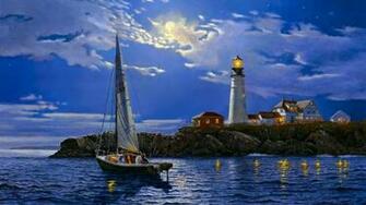 Boats Architecture Lighthouse Night Mood Sky Clouds Moon Wallpaper