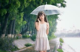 Photo Young Woman Rain Asian Umbrella Frock