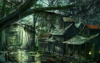 Art Swamp Village Houses Buildings Woods People Wallpaper
