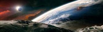 Outer Space Moon Earth Tranquility Dual Monitor Wallpaper Background