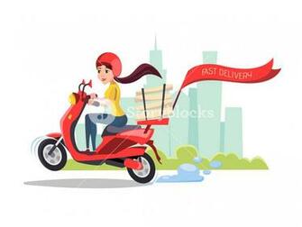 Vector Cartoon Girl Riding Scooter Delivery Food Pizza Service