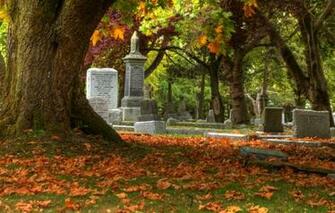 Cemetery Grave Headstone Gothic Trees Leaves Autumn Fall Wallpaper