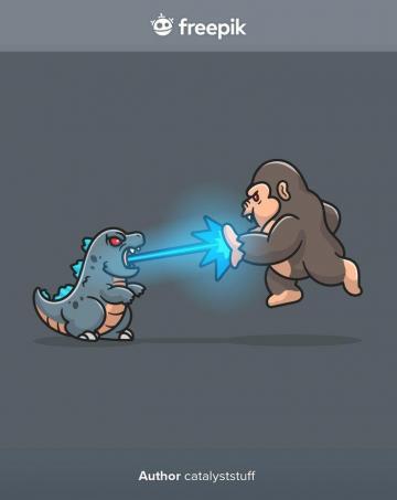 Cute Godzilla Gushes Fire At Kong Cartoon Icon Illustration In