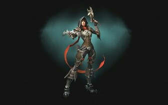 Demon Hunter Girl Armor Crossbows Simple Background Wallpaper