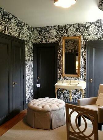 Clarence House The Vase Wallpapered Bathroom Brass Hardware