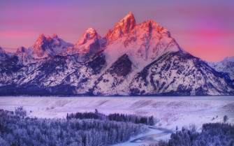 Snow Mountains Sky Snowy Peak Sunset Grand Teton National Park Snake River Overlook Trees Wallpaper