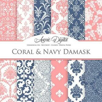 Coral And Navy Damask Digital Paper Mygrafico