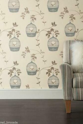 Feature Wallpaper Birdcage Leaf Trail Birds Cream Mink Gold Silver St