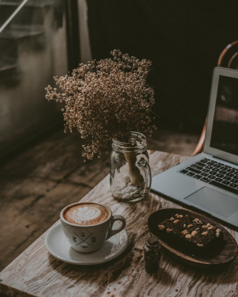 Potted Plant Brownies And Cappuccino On Table Photo