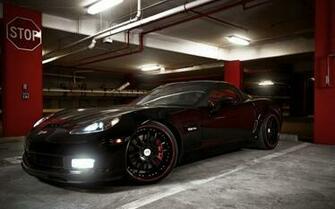 Black Car Chevrolet Corvette Z06 Lights Parking Wallpaper