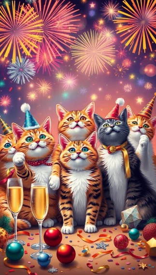 New Year Cats Wallpaper
