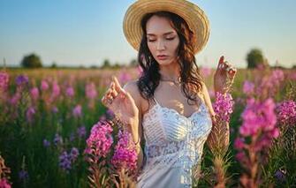 Wallpaper Girl Flowers Pose Hands Meadow Hat Sergey Fat