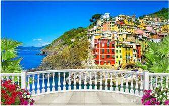 3d Wallpaper Custom Photo Garden Balcony Seaside Town Landscape