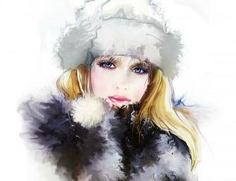 Painting HD Watercolor Tatiana Nikitina Girl Fur Hat Coat Winter
