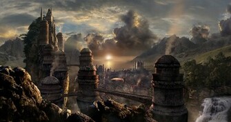 Fantasy City Landscape Bridges Towers Wallpaper Photos Pictures
