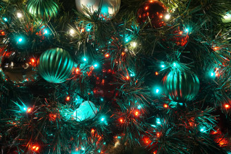 Celebrating Christmas With Beautiful Blue And Red Lights