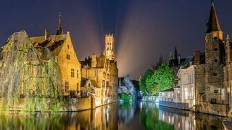 Wallpaper Cities Belgium Bruges Rivers Houses Night Time