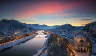 Cityscape Austria River Sky Snow Mountains