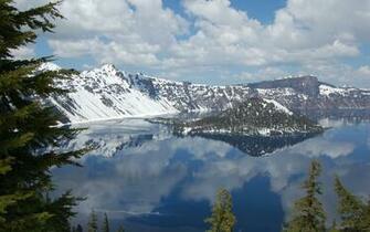 Crater Lake Oregon Island Reflection Wallpaper Background