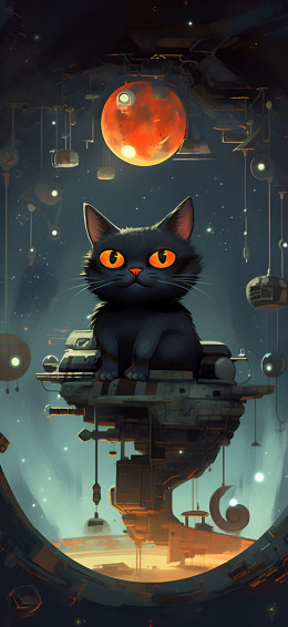 Black Cat With Orange Eyes And Red Planet Aesthetic Wallpaper
