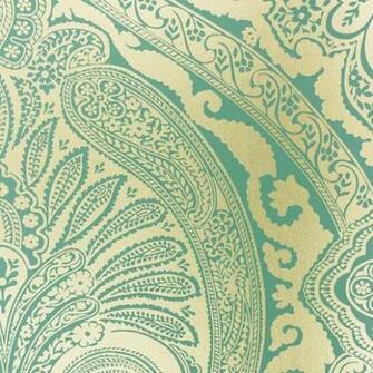 Damask Wallpaper Printed In A Reflective Gold On Teal Background