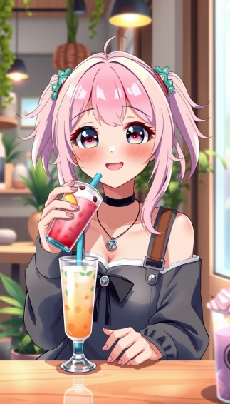 Cute Anime Girl Drinking Boba Wallpaper