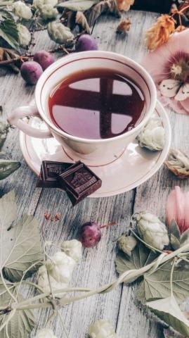 Wallpaper Tea Cup Plum Chocolate Flowers