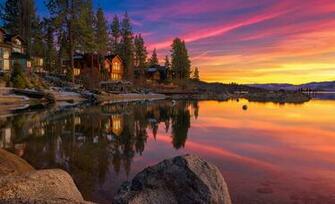 Lake House Rocks Sunset Sky Clouds Tahoe United States Wallpaper