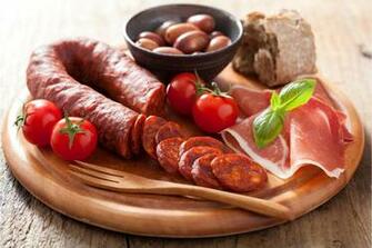 Meat Products Sausage Ham Tomatoes Food Photo HD Wallpaper