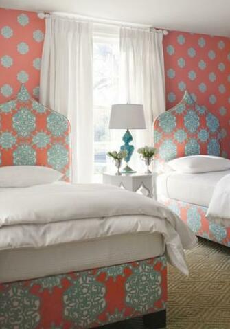 Wallpaper Ivana Coral And Turquoise T8612 Fabric Jakarta