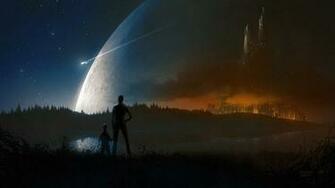 Sci Fi City Mood Space Moon Stars Wallpaper