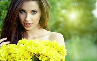 Girl Brunette Close Up Flower Green Woman Yellow