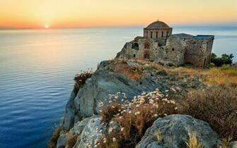 Sunset Sea Ruins Landscape Ocean Sky Buildings Wallpaper
